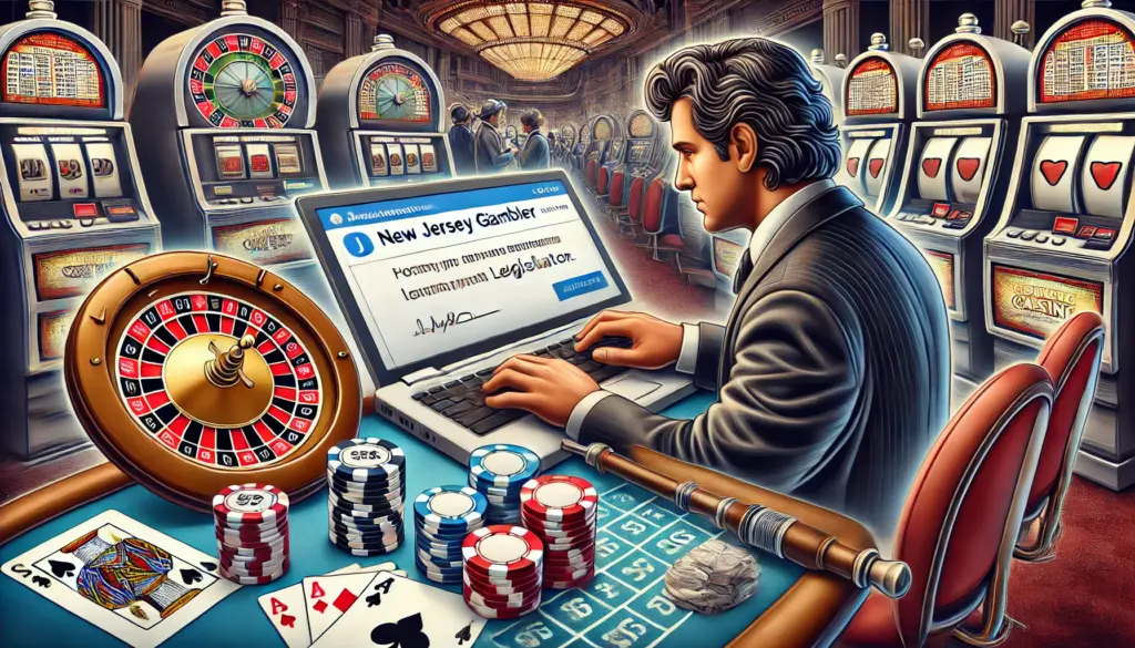 AI drawing of a gambler wearing a striped black suit writing an email with New Jersey Gambler on the screen as he's surrounded by casino elements, like slot machines