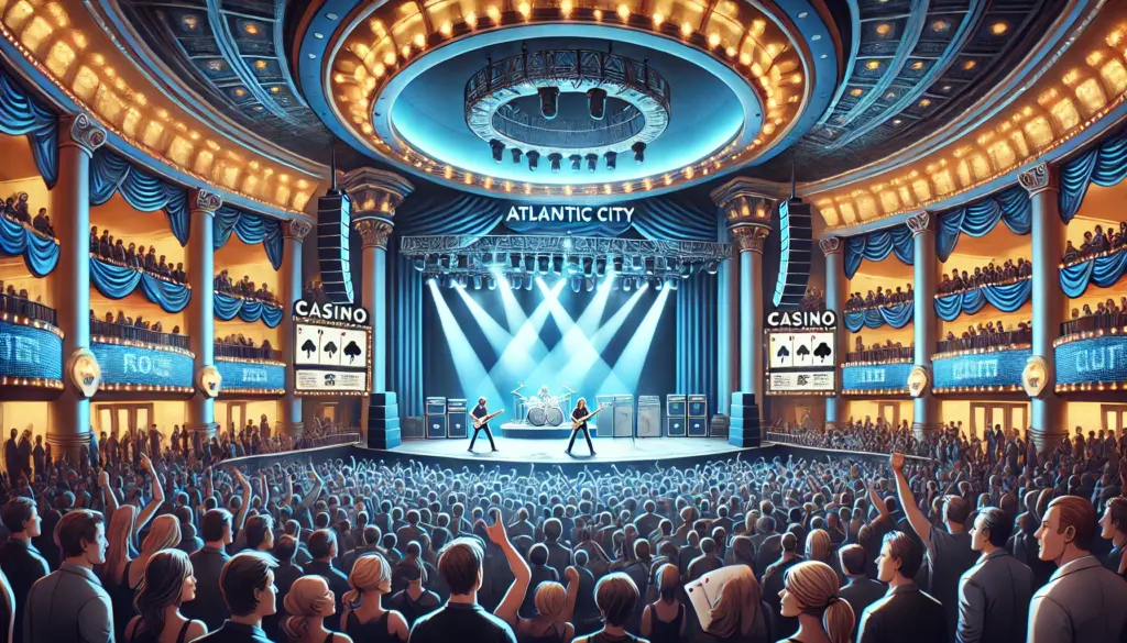 AI drawing showing a rock concert happening at a venue with the words "Atlantic City" over the main stage and the word "casino" in on the two sides of the stage