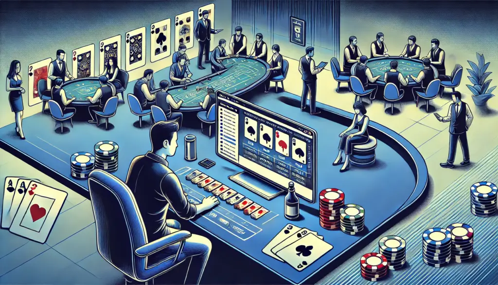 AI drawing showing a man playing baccarat online next to other people sitting at gaming tables playing baccarat in-person